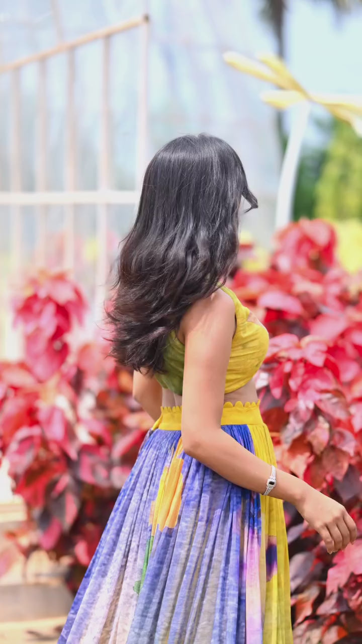 Yellow & Violet Hand-Painted Floral Crop Top & Lehenga Set